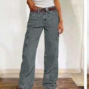 NEW Flamingals Wide Leg Cargo Pants Mid Waist Straight XL Gray